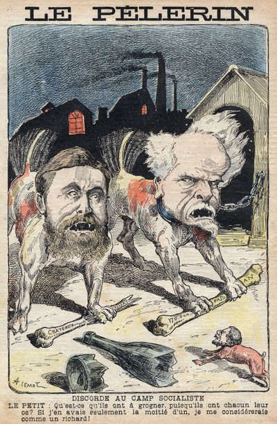 社会主義者ジャン・ジョレス（1859-1914）（左）とアンリ・ロシュフォール（1831-1913）（右）の争い。1898年6月19日付の「ル・ペレラン」紙に掲載されたイラスト。 作： Unknown artist