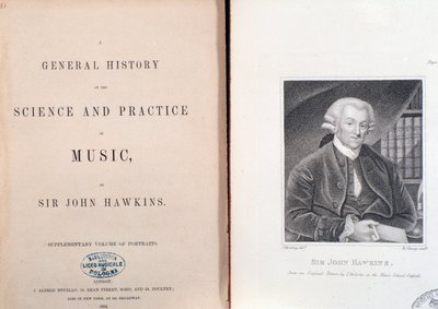 ジョン・ホーキンスの「General History Of The Science And Practice Of Music」の2ページと扉の写真 作： Unknown artist