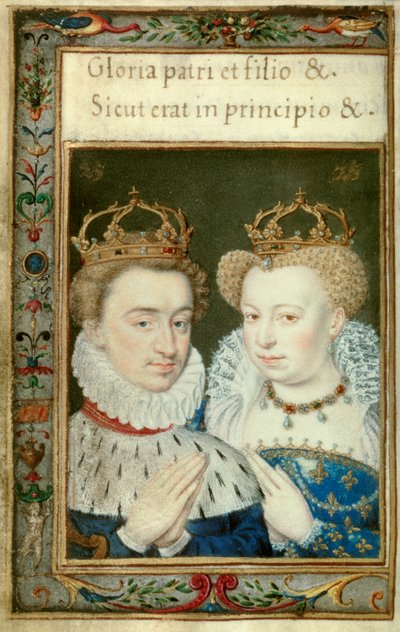 フランス王アンリ4世（1553-1610）とマルグリット・ド・ヴァロワ（1553-1615）（通称：マルゴ女王）の二重肖像画。カトリーヌ・ド・メディシス（カテリーナ・ド・メディチ）の時祷書のミニチュア 作： Unknown artist