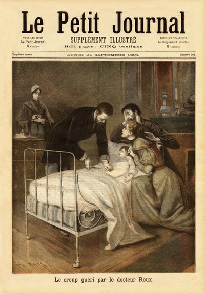 ルイ・パスツール（1822-1895）の協力者で、クループ（子供の麻疹の合併症）のワクチンを開発した細菌学者、エミール・ルー博士（1853-1933）。1894年9月24日、「Le petit journal」誌に掲載された版画。セルバのコレクション。 作： Unknown artist