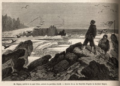 北極点の自由海に到着したヘイズ博士、遠征の目的、アメリカの星条旗を植える。1860年から1862年にかけて、アメリカ海軍の外科医ヘイズ博士が行った北極圏の自由海への航海を説明するためのエングレーヴィング。 作： Unknown artist
