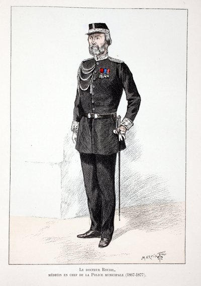 ルディル博士、市警の主任医務官（1867年～1877年）。セーヌ川警部のルイ・ルピーヌ（1846-1933）の後援で出版された本「平和の戦士たちの歴史」の挿絵のためのカラー・エッチング。 作： Unknown artist