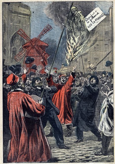 ドレフュス事件 - パリ - 1898年：モンマルトルでの反ユダヤ主義者の示威行為。アルフレッドの弟であるマルタン・ドレフュスの彫像が広場でブリュレされ、首にはサインがかけられている。"ドレフュスは絞首台へ。フランス万歳！」。Le Pelerin』誌に掲載されたJ. 作： Unknown artist
