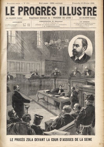 ドレフュス事件。アルフレッド・ドレフュス裁判の地引き網裁判所でのエミール・ゾラ(1840-1902) 作： Unknown artist