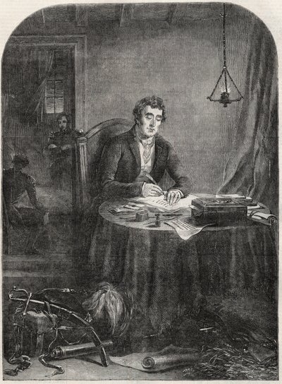 ウェリントン公爵（Arthur Wellesley (1769-1852) Duke of Wellington）がワーテルローの後、1815年6月19日にディスパッチを書いている様子 - 1852年の刻印 作： Unknown artist