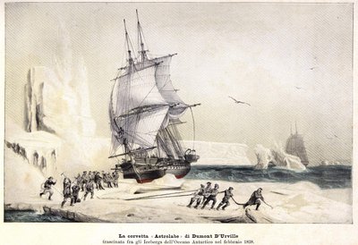 1838年2月、南極海の氷山の間を縫うように進むデュモン・ダルビルのコルベット「アストロレーブ」（「シェル」の新名称）（1790～1842年 作： Unknown artist