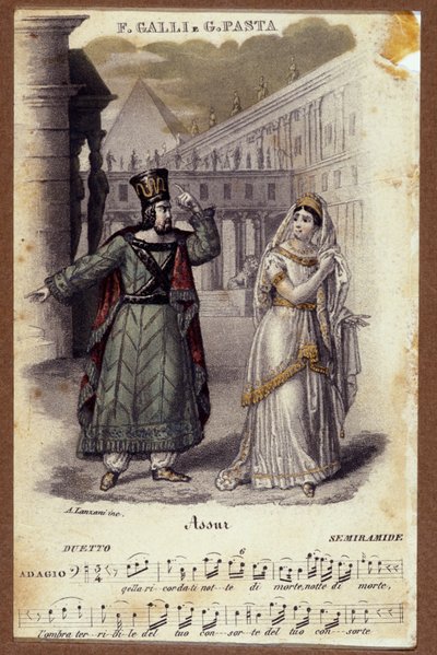 ジョアキーノ・ロッシーニ（1792-1868）のオペラ「セミラミ」におけるジュディッタ・パスタとフィリッポ・ガッリのデュオ。 作： Unknown artist