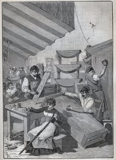 エベニステリー：切手のニス塗り作業場。Adolphe BITARDの "Les arts et metiers illustres "に掲載された1885年の版画。 作： Unknown artist