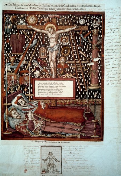1588年12月23日と24日にブロワで殺害された第3代ギーズ公アンリ1世（1550-1588）とその弟でロレーヌ枢機卿のギーズ公ルイ2世（1555-1588）の亡骸 アンリ3世の命令による16世紀の版画 B.N. 作： Unknown artist