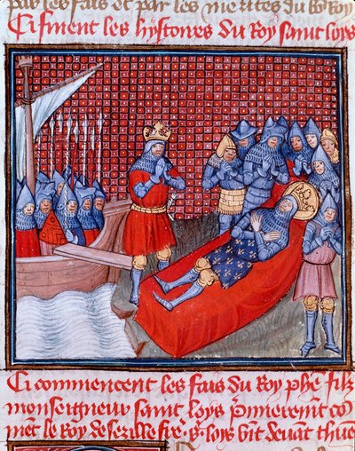 第8回十字軍「1270年8月25日、チュニスでのサン・ルイの死」 ジャン・フロワサール（1337-1400）の『フランス大年代記』から引用されたミニチュア 15世紀 シャンティイ、Musee Conde 作： Unknown artist