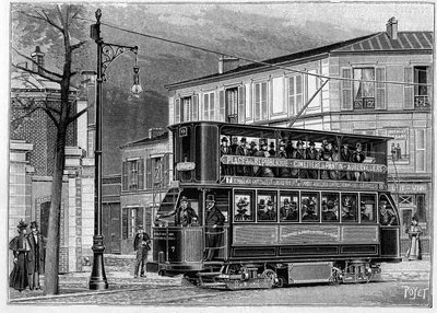 パリからオーベルヴィリエまでの電気式路面電車：パリ郊外のエアトローリー車の様子。1898年6月25日付の "La Nature: revue des sciences et de leurs applications aux arts et a l