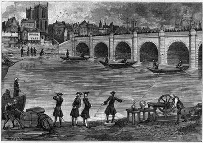 18世紀にイギリスの物理学者ウィリアム・ワトソン（1715-1787）がテムズ川のほとりで行った電気石の実験。1889年5月18日の「La Nature: revue des sciences et de leurs applications aux arts et a l