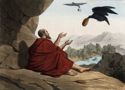 ケリスの流れに隠れたエリヤは、カラスに養われている。19世紀中頃の匿名の彫刻。 作： Unknown artist