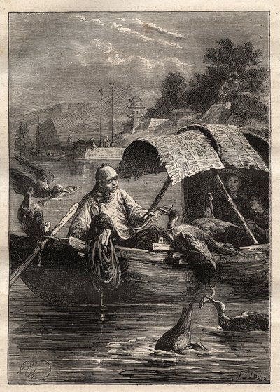 ジョージ・マッカートニー卿（1737-1806）の中国における大使館（1792-1793年）。鳥のLeut-zeは釣り（鵜飼）を意味する。"The Great Mariners of the 18th century "のイラスト 作： Unknown artist