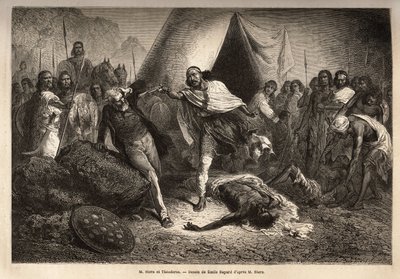 皇帝テオドロス2世（テウォドロス）（1818～1868年頃生まれ、エチオピア帝国の即位前はカッサ・ハイリュと呼ばれていた）は、ネグスの伝記を再編集したイギリス人宣教師スターン氏を銃で脅し、テオドロスが侮辱されたと感じていた。 作： Unknown artist
