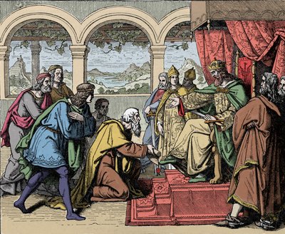 1158年に2度目のイタリア遠征をした皇帝フレデリック1世バルバロッサ（1122-1190）（ホーエンシュタウフェンのフレデリック1世）は、アッダ川を通過してロディの人々と出会い、自分たちの領土を取り返してほしいと懇願する（第2次イタリア遠征、皇帝フレデリック・バルバロッサ・クロ 作： Unknown artist