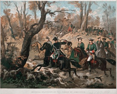 コンピエーニュの森を歩く皇帝ナポレオン3世（1808-1873）とその妻ウジェニア・デ・モンティージョ（1826-1920） 1855年頃のカラーリトグラフ ミラノのリソルジメント美術館 作： Unknown artist