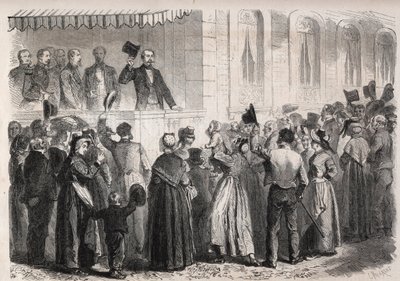 皇帝ナポレオン3世（1808-1873）は、1861年7月7日（日）にヴィシーのシュトラウスの別荘のテラスで、田舎の人々に迎えられている - Engraving In "The Illustrous World" 作： Unknown artist