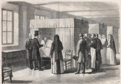 皇帝ナポレオン3世(1808-1873)がコレラ患者のためにホテル・デューの部屋を訪れ、彼らと話している様子 - Engraving In "The Illustrous World" 作： Unknown artist