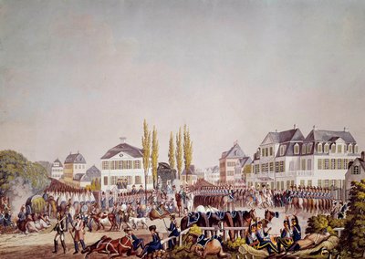 皇帝ナポレオン1世（1769-1821）がフランクフルトで軍隊を閲兵している様子。1813年のエングレーヴィング。フランクフルト、歴史博物館 作： Unknown artist