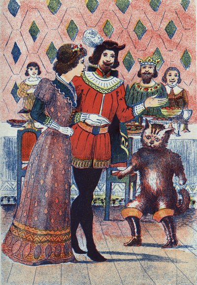 カラバ侯爵と王の娘の婚約。フランスの作家、シャルル・ペロー（1628-1703）の物語、「Le chat Botte」の挿絵。匿名のイラスト。イメージ：Marcel Vagne, Jarville Nancy, undated (19世紀後半). 作： Unknown artist