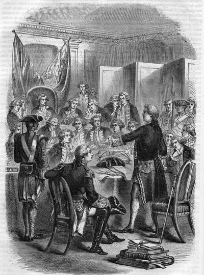 1778年7月27日に行われたOUESANTの海戦（島の西100海里、アメリカ独立戦争中）の後、戦争評議会に出席したイギリスのオーガスタス・ケッペル提督。 作： Unknown artist