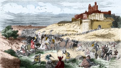 エングレーヴィング。1209年7月21日、シモン・ド・モンフォール（シモン4世、モンフォール伯爵）によるカタルーニャ十字軍-アルビゲオワ-ベジエの占領で、7000人の住民が虐殺され、街はピレとブリュレに覆われた。 作： Unknown artist
