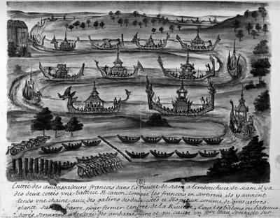 フランス大使のシャム川への侵入-「Voyages du kingdom de Siam, historiques de 1688」に掲載。 作： Unknown artist