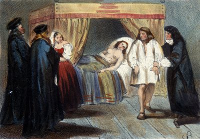 1584年にフランソワ・ド・メディチの娘、エレオノーレと結婚するために、マンチュア公爵ヴァンサン1世ゴンザグ（1562 - 1612）の男らしさを試すエピソード。彼には跡継ぎがいないと疑われていた。19世紀のリトグラフ。 作： Unknown artist