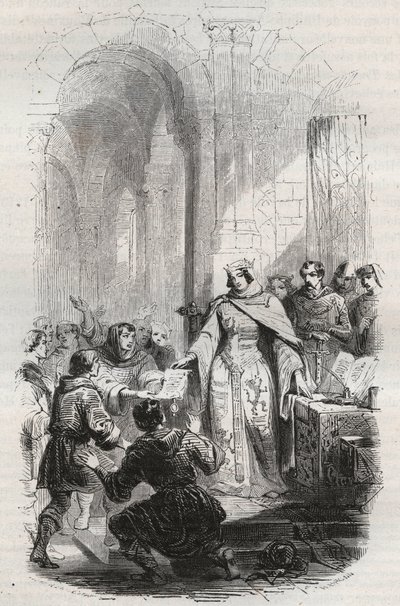 ルクセンブルク伯爵夫人エルメシンデ - 1243年にルクセンブルクのエルメシンデ・アイレがルクセンブルクの住民に与えた郵便制度の憲章 - テオドール・ジュスト（1818-1888）の「原始時代からレオポルド1世の終わりまでのベルギーの歴史」に掲載された1868年のエングレーヴィング-。 作： Unknown artist