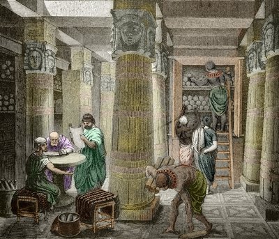 アレクサンドリア図書館の博学、642年に破壊、エジプト) (エジプト、アレクサンドリア図書館の眺め) 19世紀 (彫刻) 作： Unknown artist