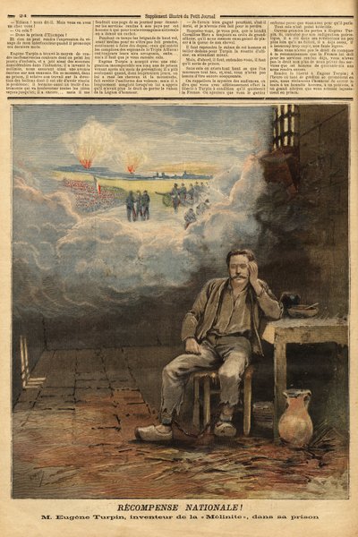 Eugene Turpin (1848-1927) 化学者。1884年にメリナイト（爆発物）を発明したが、敵に自分の発明品を売ったと（誤って）告発され、独房に入れられた。ジュール・ヴェルヌの小説『顔面騎乗』のトマ・ロッシュのキャラクターに影響を与えた人物。エングレーヴィング 作： Unknown artist