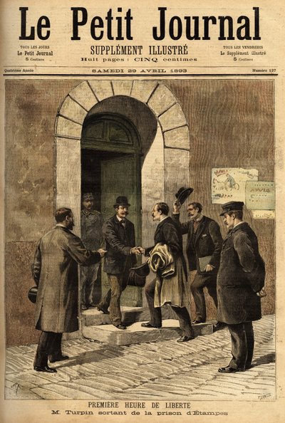 Eugene Turpin (1848-1927)、化学者、1884年にメリナイト(爆発物)を発明、敵に発明品を売ったと不当に非難されたが、無実であり、Etampesの刑務所から解放された。1893年4月29日の「Le petit journal」に掲載された版画。セルバのコレクション 作： Unknown artist
