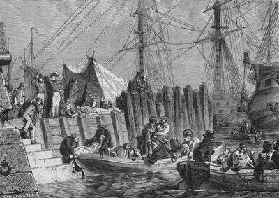 1802年、イギリス人によるフレズリンゲの避難：病人の乗船-アンリ・マルタン著「フランス史」（19世紀）による。19世紀 作： Unknown artist