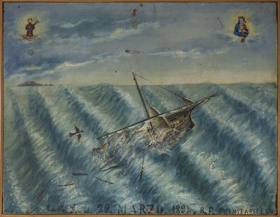 Ex-voto (ex voto) sailor、海の危険から生き延びた水兵の献身と感謝の誓いとして人気のある捧げ物は、ナポリ近郊のTorre del Grecoにあるカルミネ教会から来ている、1894年3月29日 イタリア 作： Unknown artist