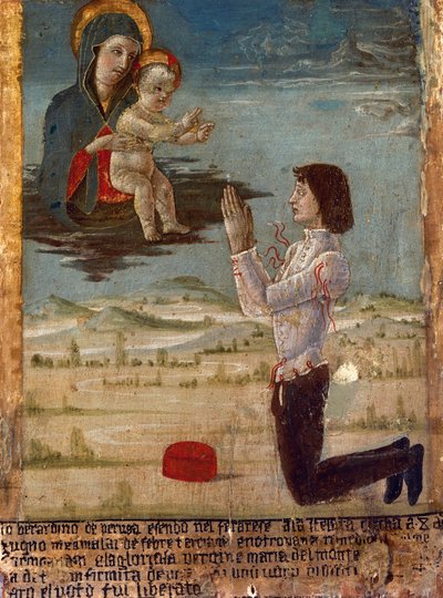 跪いて祈る男を従えた聖母子像（イタリア、エミリア・ロマーニャ州チェゼーナ、聖マリア・デル・モンテ修道院）のエクス・ヴォト 作： Unknown artist