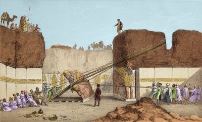 ニネベ(Nineveh)の発掘-アンリ・レイヤード(Henri Layard)によるニムルド(Nimroud)の遺跡(19世紀のメソポタミア旅行の後)、大雄牛の翼の交換-オースティン・ヘンリー卿の発掘の際、ニムルドから翼のある雄牛が出荷されたこと。 作： Unknown artist