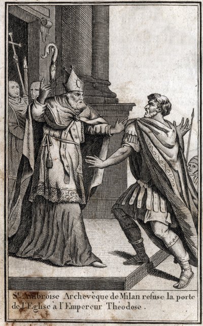 破門：ミラノの聖アンブローズ（Aurelius Ambrosius, Ambrogio di Milano (340-397)）のアーチは、ローマ皇帝テオドシウス1世（Flavius Theodosius (347-395)）が390年のテッサロニキの大虐殺を行ったことを罰するために、教会の扉を拒否しています。のエングレーヴィング 作： Unknown artist