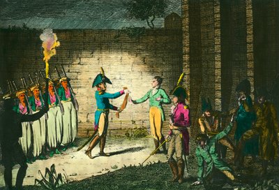1804年3月21日、第一執政官ナポレオン・ボナパルトに対する陰謀の証拠がなく疑われたアンギャン公ルイ・ド・ブルボン（1772-1804）のヴァンセンヌでの処刑。1804年頃のエングレーヴィング。個人蔵 作： Unknown artist
