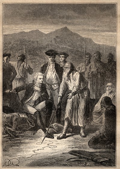 Jean Francois Galaup de La Perouse (1741-1788)の世界一周遠征（1785-1788）：サガリアン島（Sakhaline）に上陸した船員たちは、タルタリアの地図を描いてくれた老人に出会う-イラストは「The Great Mariners of 18 cent」より引用 作： Unknown artist