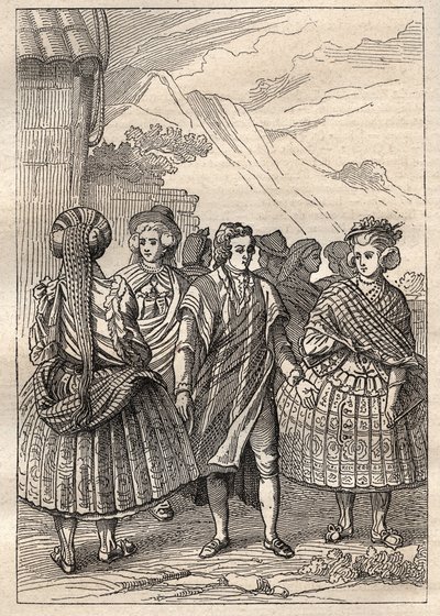 ジャン・フランソワ・ガロプ・ド・ラ・ペルーズ（1741-1788）の世界一周遠征（1785-1788）：コンセプシオン（チリ）の住民の衣装 - 図版は "The Great Mariners of 18 century "より引用 作： Unknown artist