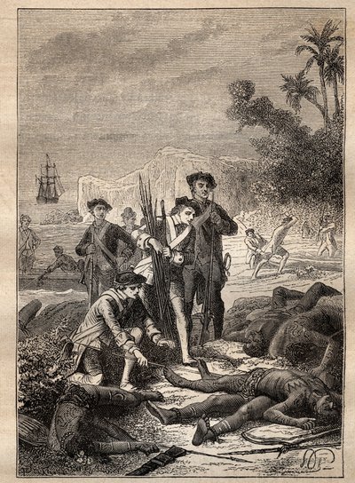 ジャン・フランソワ・ド・スルヴィル（1717～1770）の南洋遠征（1769～1770）：スルヴィルの船員たちは、戦いで死んだ先住民の武器を集める（ニューアイルランド、パプアニューギニア） - 図版は「偉大なる船乗りたち」より引用 作： Unknown artist