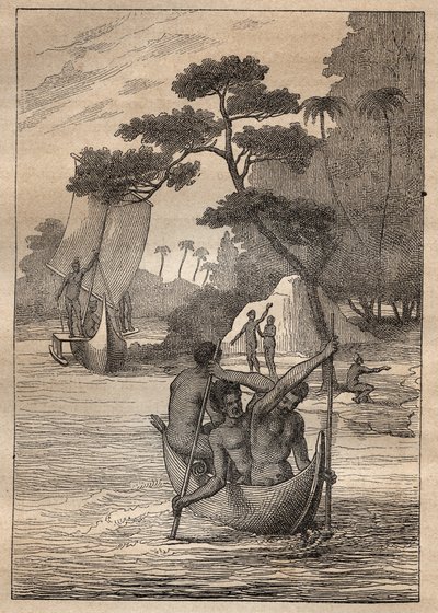 Nicolas Thomas Marion-Dufresne (Marion Dufresne) (1729-1772)の遠征：アドミラウト諸島（ビスマルク群島、パプアニューギニア）のカヌー - 図版は "The Great Mariners of 18 century "から引用。 作： Unknown artist