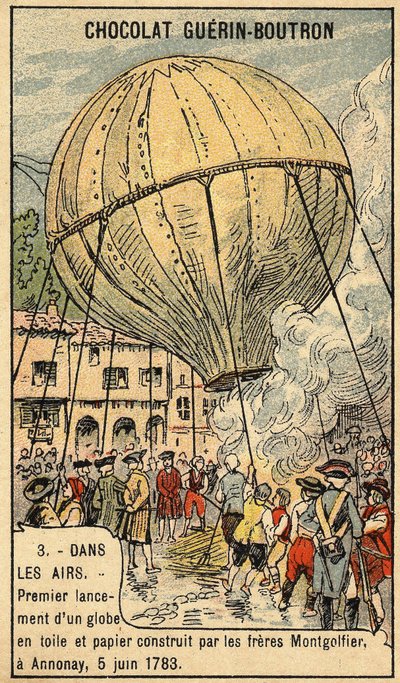 1783年6月5日、モンゴルフィエ兄弟がアノネで行った体験。19世紀後半のクロモ。 作： Unknown artist