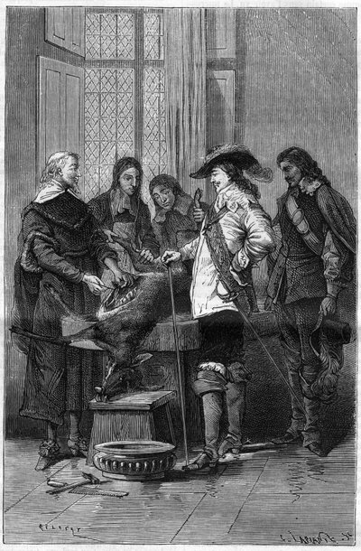 イギリスの医師ウィリアム・ハーヴェイ（1578-1657）が、イギリス王チャールズ1世スチュアート（1600-1649）やロンドンのロイヤル・カレッジの医師たちに、生きた雌鹿の血液循環の現象を見せた経験。La Nature "に掲載された版画 作： Unknown artist
