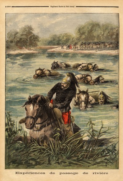 フォンテーヌブローでのドラゴン第7連隊による河川通過の体験。1896年6月9日の「Le petit journal」に掲載されたエングレーヴィング。セルバのコレクション。 作： Unknown artist