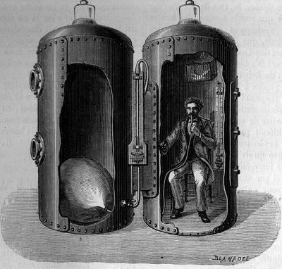 気圧に関する生理学者ポール・ベルト（1833-1886）の経験：酸素濃度の高い空気を吸うと、気圧が低下して拡張する。1年12月22日付「La Nature: revue des sciences et de leurs applications aux arts et a l