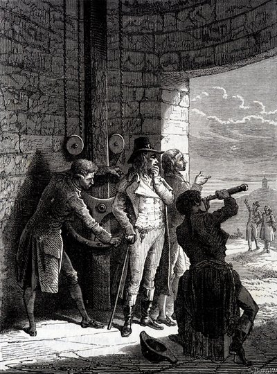 1793年7月12日、条約委員の前で行われたメニルモンタンからサン＝マルタン＝デュ＝テルトルまでのシャップ電信の実験 - ルイ・フィギエ著「産業の驚異」より 作： Unknown artist