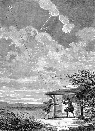 1752年9月、ベンジャミン・フランクリンがフィラデルフィアで行った電気凧の実験 - 彫刻 作： Unknown artist