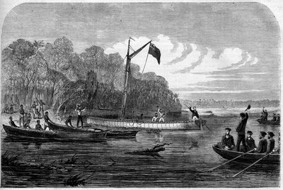 ジャーナリストのヘンリー・モートン・スタンレー（1841-1904）が、イギリスの医師であり、アフリカ南部の探検家であったデイヴィッド・リヴィングストン博士（1813-1873）を求めて行った探検。"The Illustrious Universe "に掲載されたエングレーヴィング 作： Unknown artist